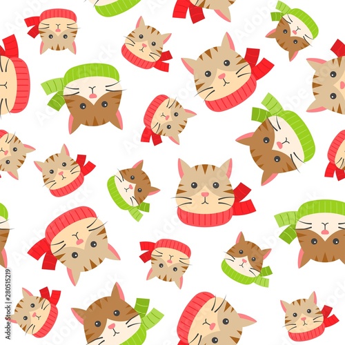 cat Christmas theme seamless pattern   illustration in flat design.