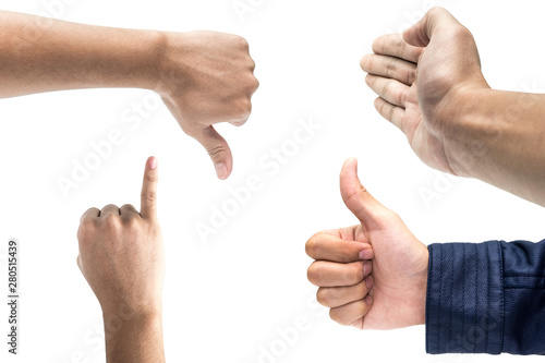 Multiple Male Hand Gestures isolated over white background, thumbs up ,Promise hand sign and shake hands
