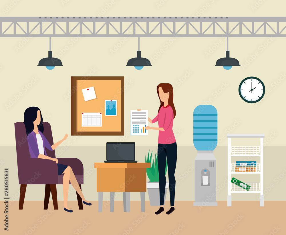 businesswomen with laptop technology and noteboard with clock businesswomen with laptop technology and noteboard with clock