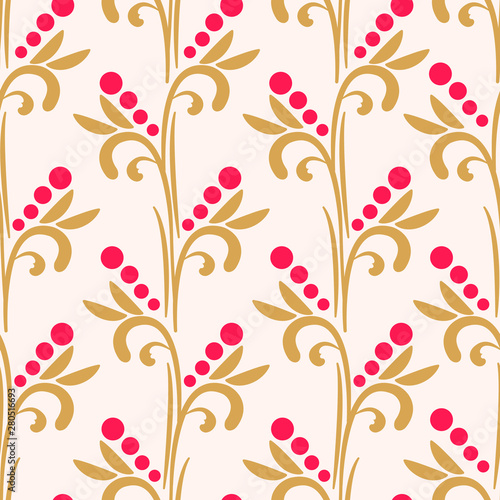 Vector seamless pattern with vertical branches. Abstract branches  leaves and berries. Design for fabrics  wallpapers  textiles  web design.