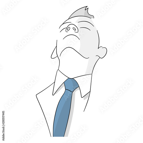 Peaceful calm facial expression of a businessman/ employee. Line art on white background with shadow effect. Man takes deep breath with closed eyes. Blue tie white shirt. Brush up hairstyle male.