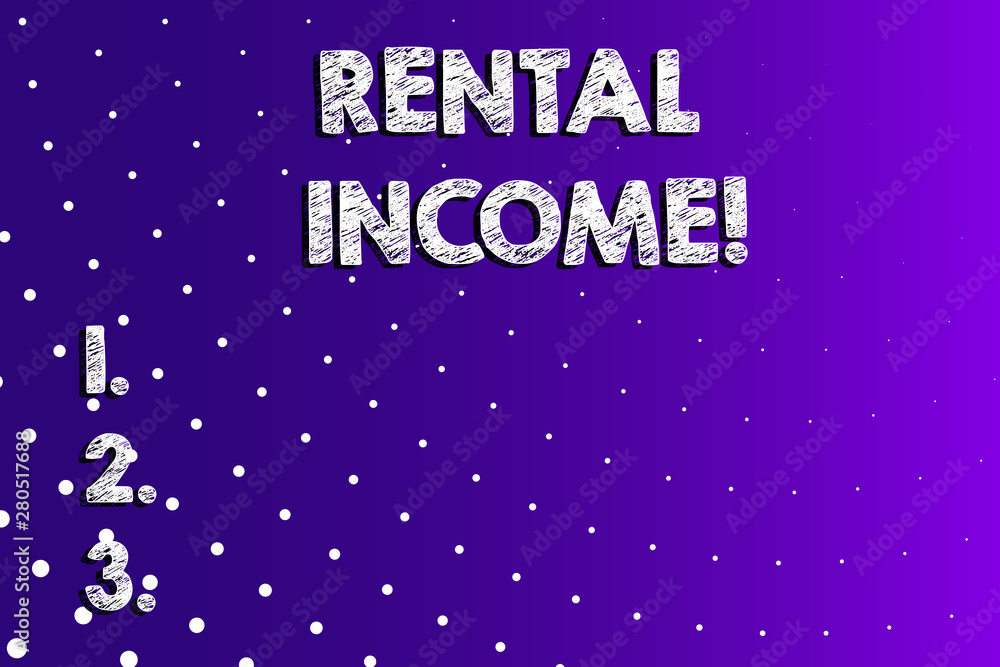 Text sign showing Rental Income. Business photo showcasing amount of money collected by a landlord from a tenant Lilac Violet Background White Polka Dots Scattered in Linear Perspective