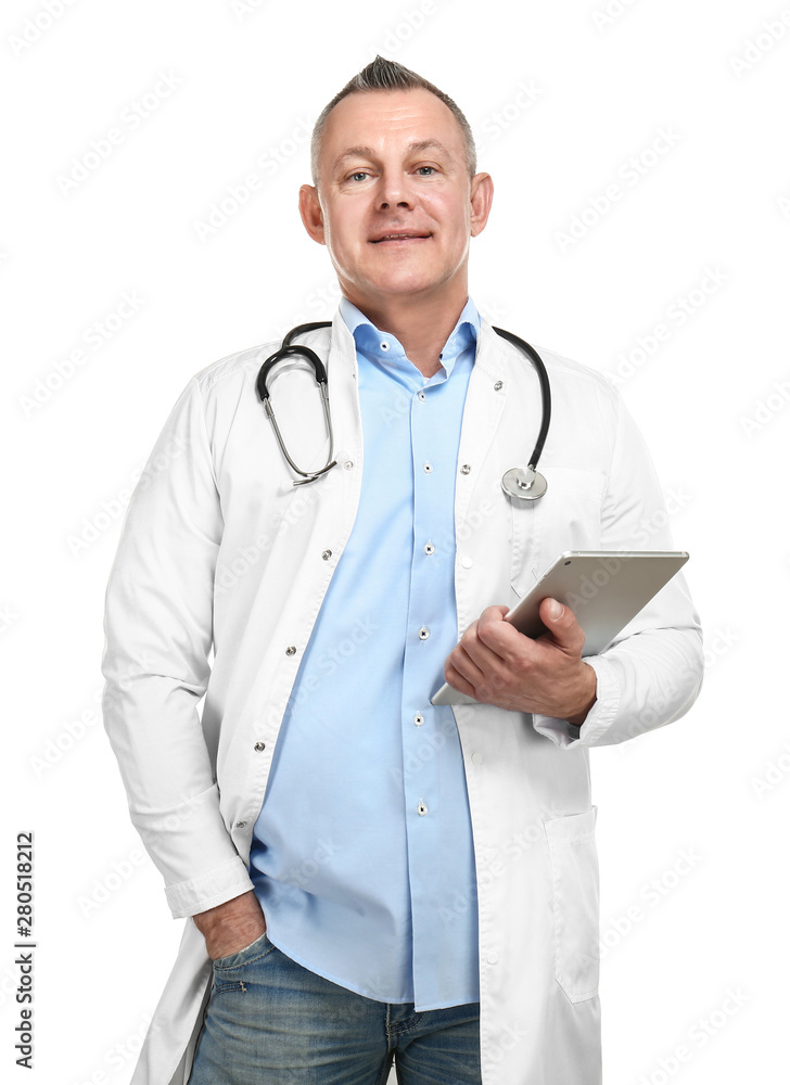 Handsome middle-aged doctor with tablet PC on white background Handsome middle-aged doctor with tablet PC on white background