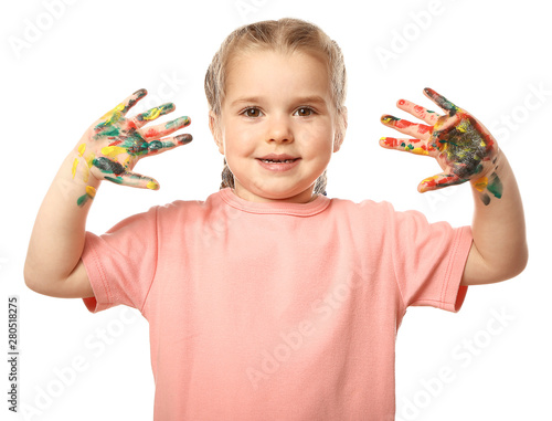 Funny little girl with hand...