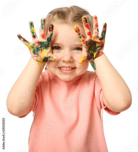 Funny little girl with hand...