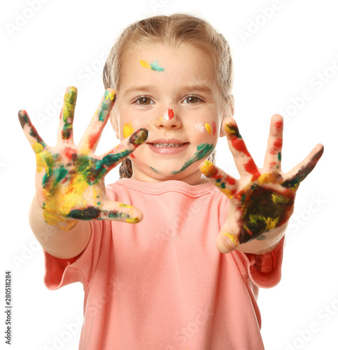 Funny little girl with hand...