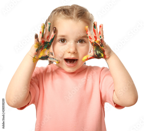 Funny little girl with hand...