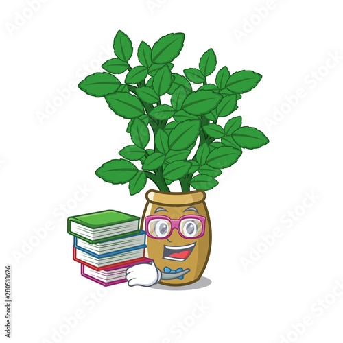 Student with book lemon balm next the cartoon house