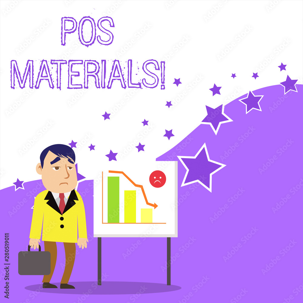 Text sign showing Pos Materials. Business photo showcasing Specialized form of promotion found near a checkout counter Businessman Clerk with Brief Case Standing Whiteboard Declining Bar Chart Text sign showing Pos Materials. Business photo showcasing Specialized form of promotion found near a checkout counter Businessman Clerk with Brief Case Standing Whiteboard Declining Bar Chart