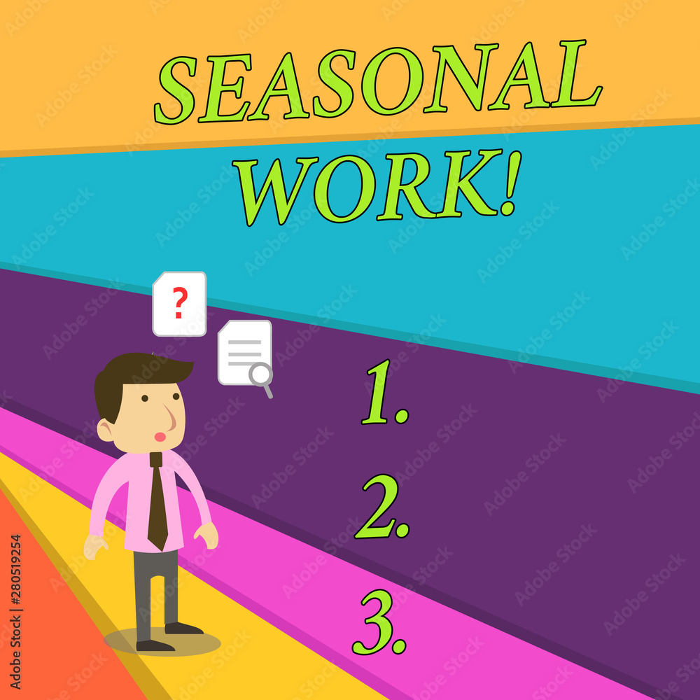 Handwriting text Seasonal Work. Conceptual photo Temporary employment which the workload occurs certain season Young Male Businessman Office Worker Standing Searching Problem Solution
