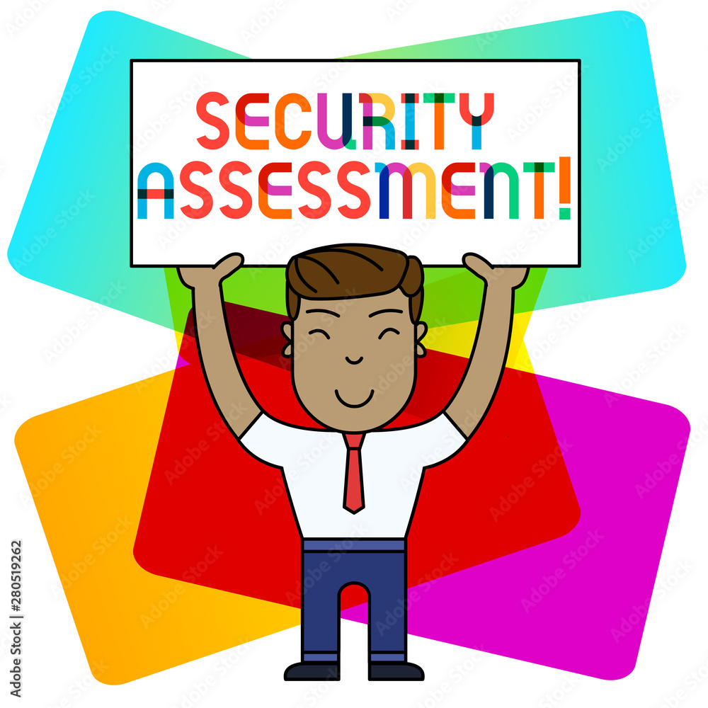 Conceptual hand writing showing Security Assessment. Concept meaning study to locate IT security vulnerabilities and risks Smily Man Standing Holding Placard Overhead with Both Hands Conceptual hand writing showing Security Assessment. Concept meaning study to locate IT security vulnerabilities and risks Smily Man Standing Holding Placard Overhead with Both Hands
