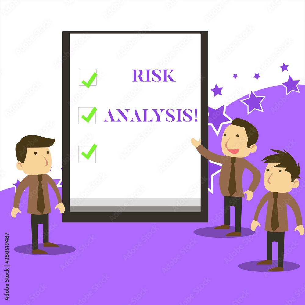 Handwriting text writing Risk Analysis. Conceptual photo review of the risks associated with a particular event Business People Colleagues Discuss Missions Presentation Whiteboard Ticks