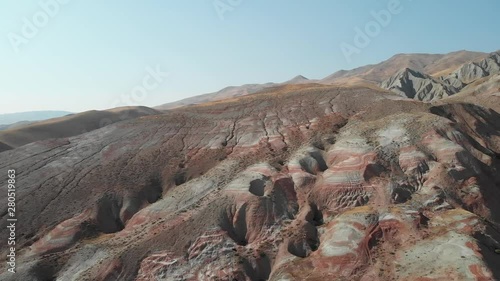 Rainbow hills of Khizi, landscape red mountains. Xizi, Azerbaijan. Aerial video 4k