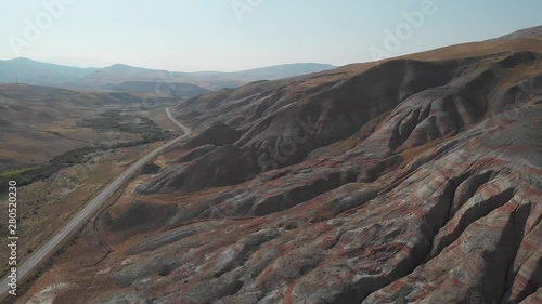 Rainbow hills of Khizi, landscape red mountains. Xizi, Azerbaijan. Aerial video 4k