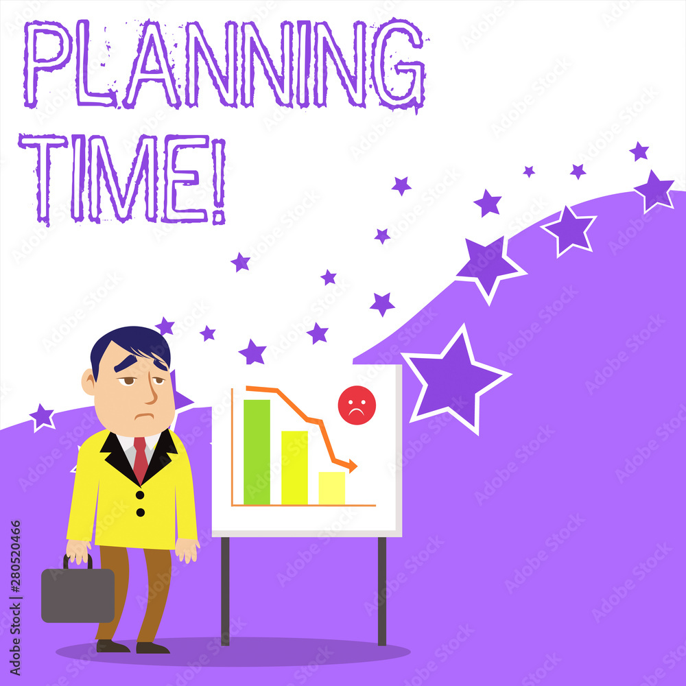 Text sign showing Planning Time. Business photo showcasing Exercising mindful control of time spent on specific activity Businessman Clerk with Brief Case Standing Whiteboard Declining Bar Chart Text sign showing Planning Time. Business photo showcasing Exercising mindful control of time spent on specific activity Businessman Clerk with Brief Case Standing Whiteboard Declining Bar Chart