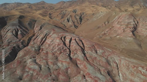 Rainbow hills of Khizi, landscape red mountains. Xizi, Azerbaijan. Aerial video 4k
