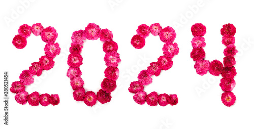 Inscription 2024 from fresh pink and red pink flowers on a white background. Isolate, close-up. Happy New Year.