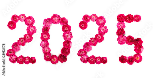 Inscription 2025 from fresh pink and red pink flowers on a white background. Isolate, close-up. Happy New Year.
