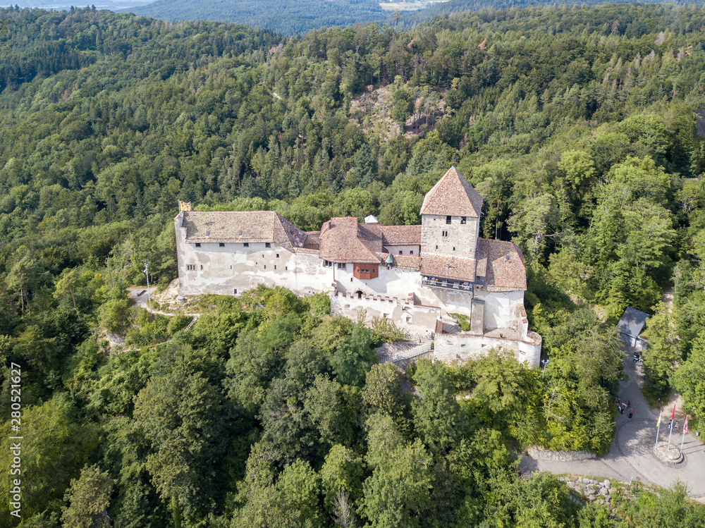 Stein am Rhein, Switzerland - July 21.2019: The medieval fort Hohenklingen Castle over the hill of Stein am Rhein, built in 1225. It is a Swiss heritage site of national significance.