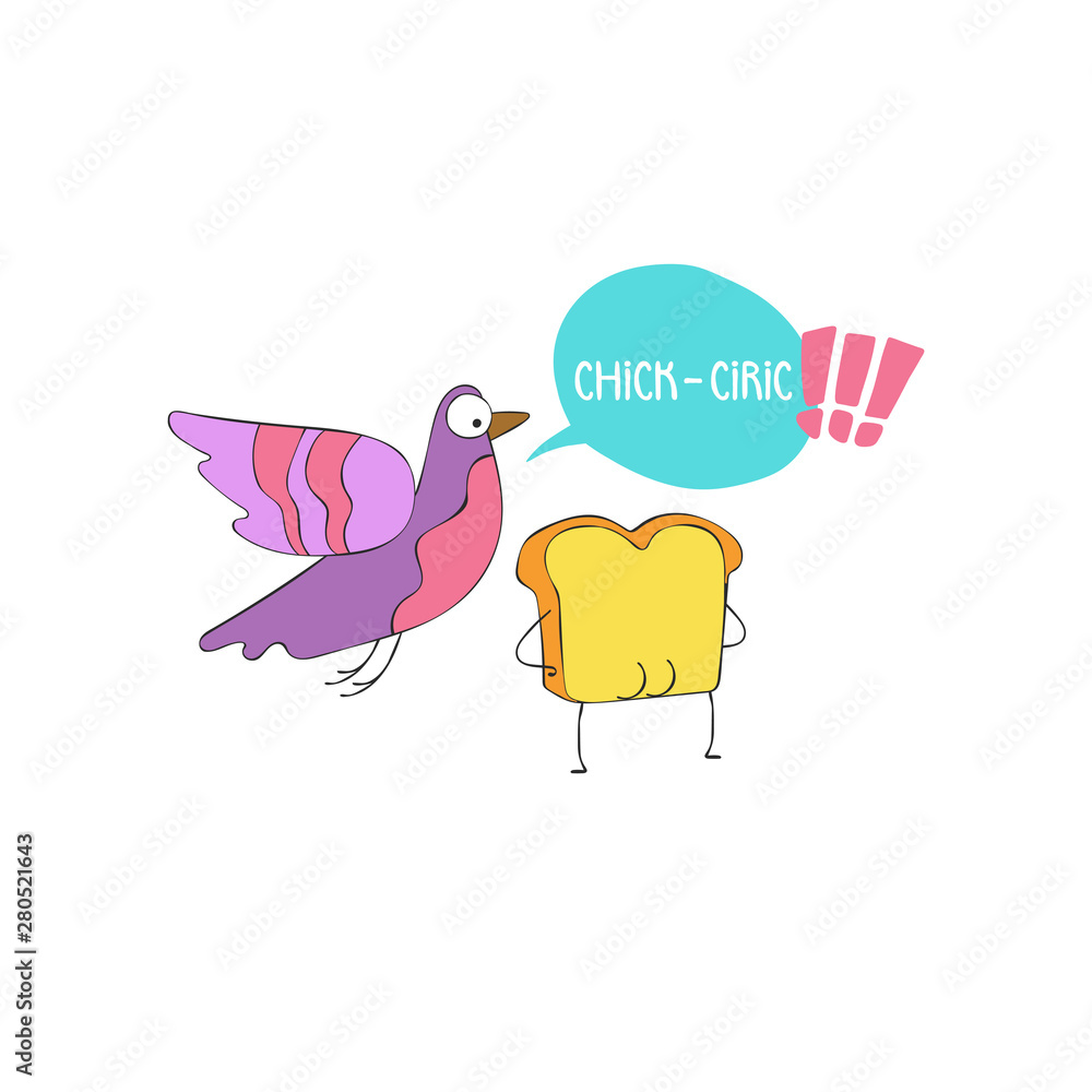 Toast and pigeon. Cartoon drawing. Isolated vector objects on white background. Toast and pigeon. Cartoon drawing. Isolated vector objects on white background.