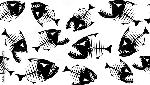 Angry Piranha Fish Bones, Pattern Background