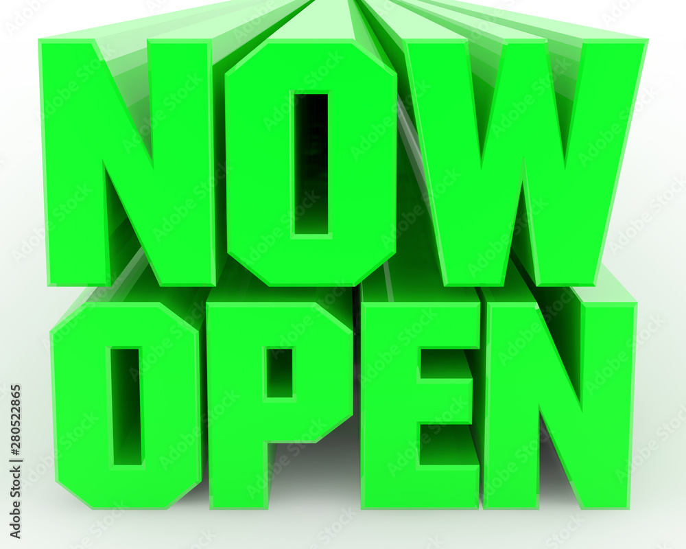 3D NOW OPEN word on white background illustration 3D rendering 3D NOW OPEN word on white background illustration 3D rendering