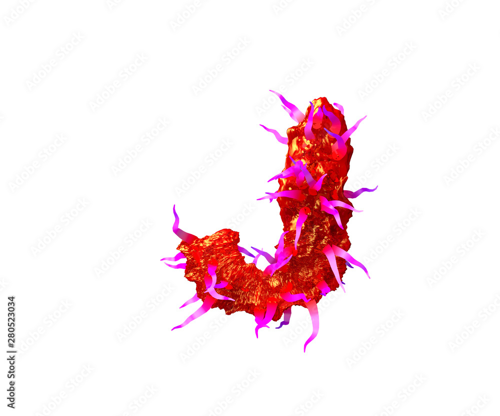 Fototapeta premium Red creepy jelly with pink tentacles isolated on white background - letter J of creepy alien alphabet, 3D illustration of symbols