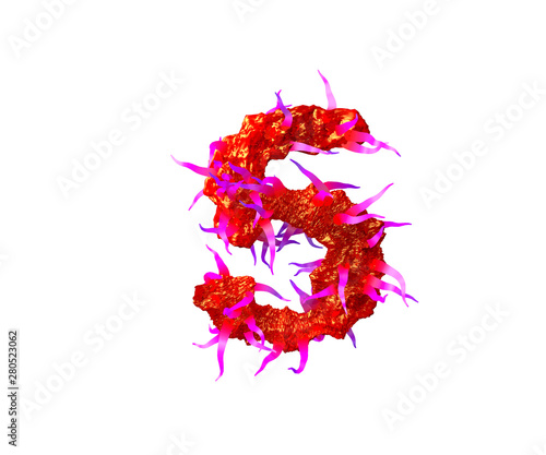 Red awful slime with pink tentacles isolated on white background - number 5 of awful cosmic alphabet, 3D illustration of symbols