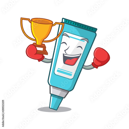 Boxing winner ointment above the mascot wood table