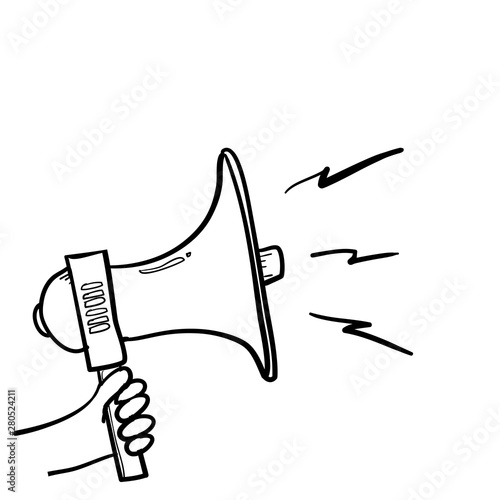 A hand is holding a megaphone telling important news and offers. Information concept with doodle handdrawn style