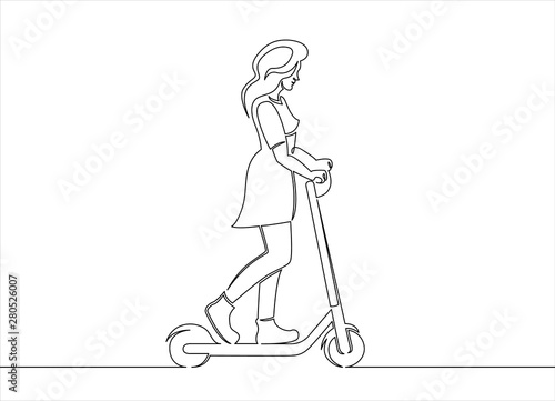 continuous single drawn line art doodle girl, scooter