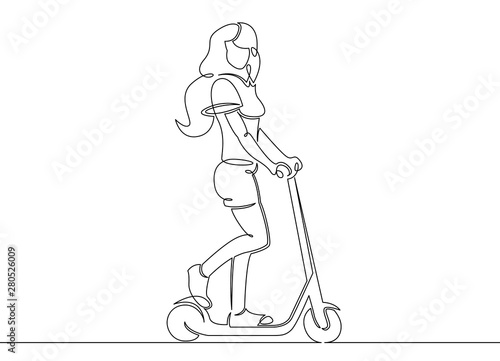 continuous single drawn line art doodle girl, scooter