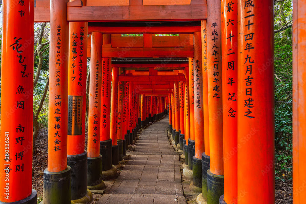 beautiful walkway of Torii gates Fushimi Inari Taisha Shrine in Kyoto, Japan