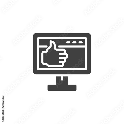 Computer monitor with thumb up vector icon. filled flat sign for mobile concept and web design. Positive feedback glyph icon. Symbol, logo illustration. Vector graphics