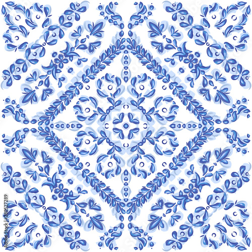 Azulejos - Portuguese Dutch and oriental tile in classical shades of blue colors Inherent similarly style arabesque. Baroque Vector mosaic. Rococo ornament