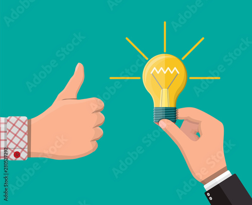 Hand with light idea bulb, other hands showing thumbs up hand sign. Good or great idea concept. Creative idea or inspiration. Glass bulb with spiral in flat style. Vector illustration