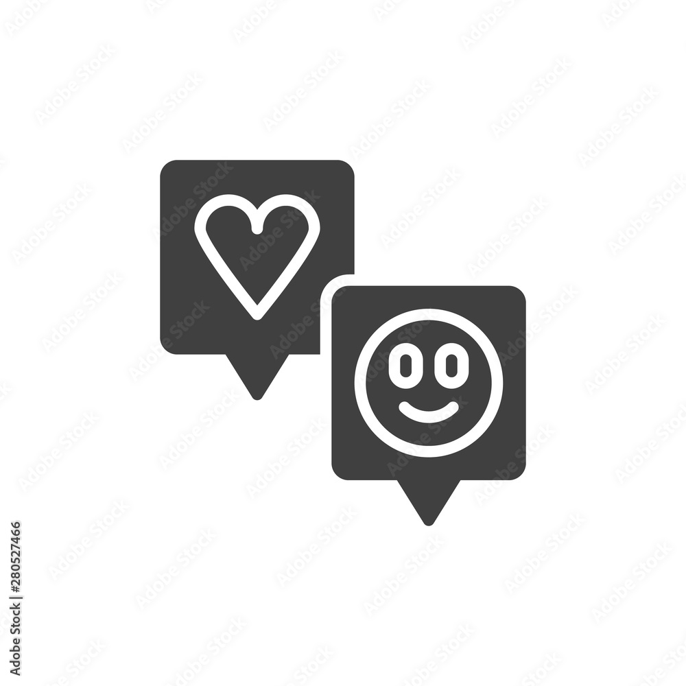 Fototapeta premium Speech bubbles with heart and smiley vector icon. filled flat sign for mobile concept and web design. Satisfaction, positive feedback glyph icon. Symbol, logo illustration. Vector graphics
