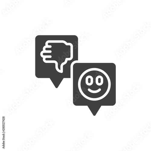 Customers feedback vector icon. Social media likes and comments filled flat sign for mobile concept and web design. Speech bubbles with smile and thumbs down glyph icon. Symbol, logo illustration.