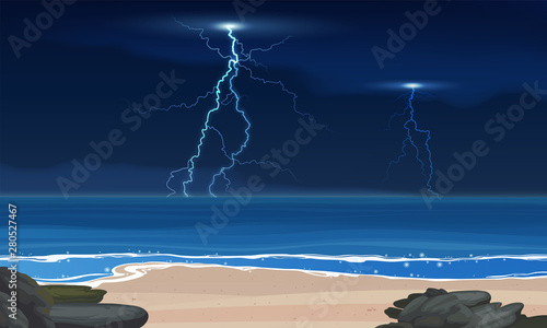 Lightning and thunderstorm. Tropical calm sea and a sand beach before the storm, vector background. 