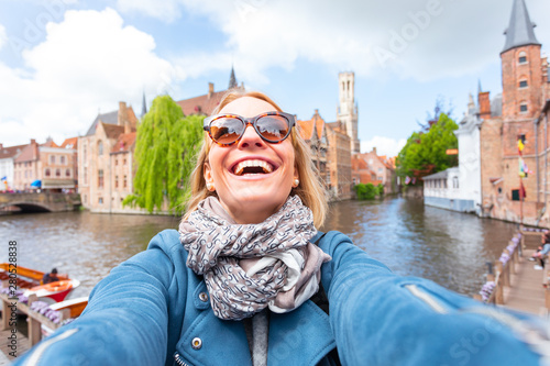 Woman tourist sightseeing Bruges, Belgium
