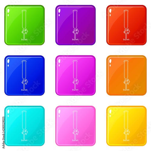Laboratory buret icons set 9 color collection isolated on white for any design