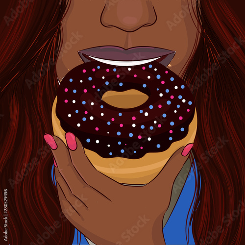 Dark woman eat donut with chocolate glaze hand drawing portrait photo