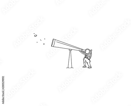 Astronaut looks through the telescope to universe - Flat Line Art Design Illustration.
