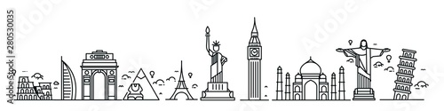 Travel the world monument concept - Vector Flat Line Art Design.