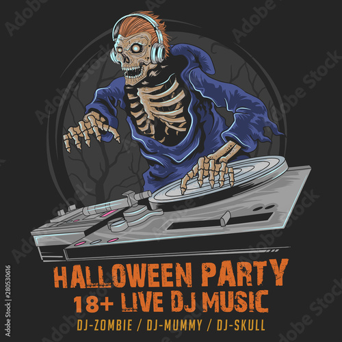 SKULL ZOMBIE DJ MUSIC HALLOWEEN PARTY  VECTOR