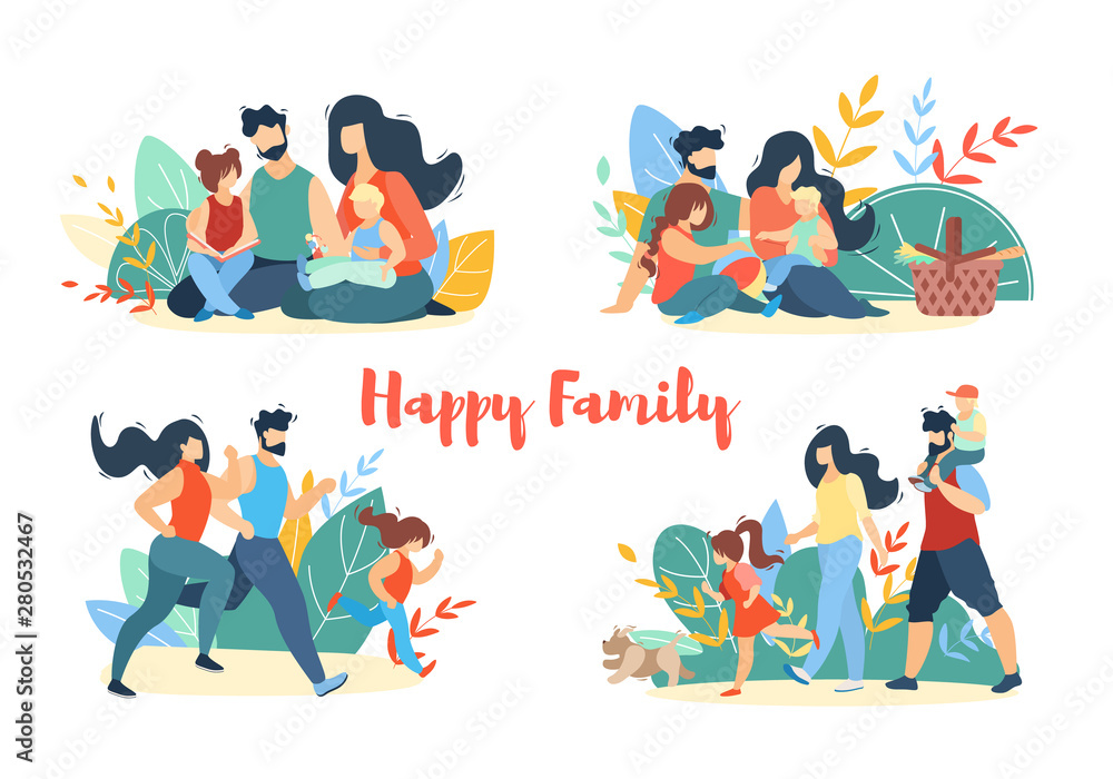 Happy Family Summer Banner Set. Picnic, Walking Happy Family Summer Banner Set. Picnic, Walking