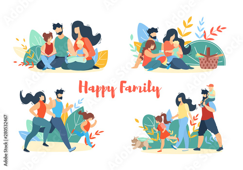 Happy Family Summer Banner Set. Picnic, Walking