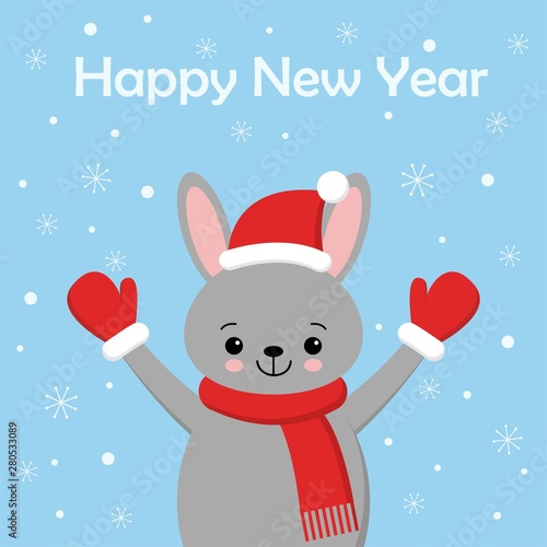 Cute rabbit card. Santa Claus hat on bunny vector illustration. New Year square banner with smiling bunny. Winter holiday package design. Flat forest animal. © YuliaR