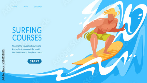 Young Man Riding Surf Board by Ocean Waves Banner