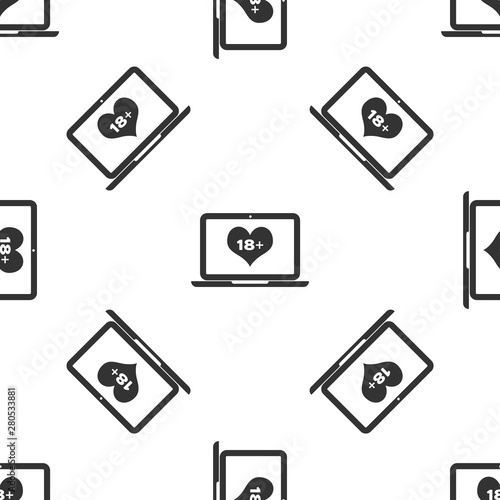 Grey Laptop computer with 18 plus content heart icon isolated seamless pattern on white background. Age restriction symbol. 18 plus content sign. Adult channel. Vector Illustration